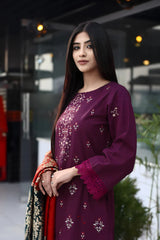 GM-3PC KHADDAR CUTWORK EMBROIDERED SHIRT WITH KASHMIRI JACQUARD WOOL SHAWL-GM-1550