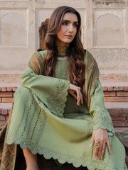 IZEL-3PC DHANAK EMBROIDERED SHIRT WITH COURTRAI PRINTED SHAWL & TROUSER-GM-4349