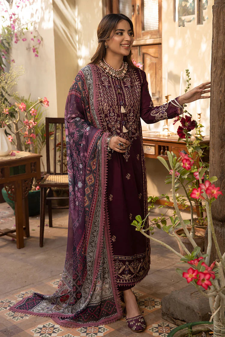 ASIM JOFA-3PC DHANAK EMBROIDRED SHIRT WITH COURTRAI PRINTED SHAWL AND TROUSER-GM-4252