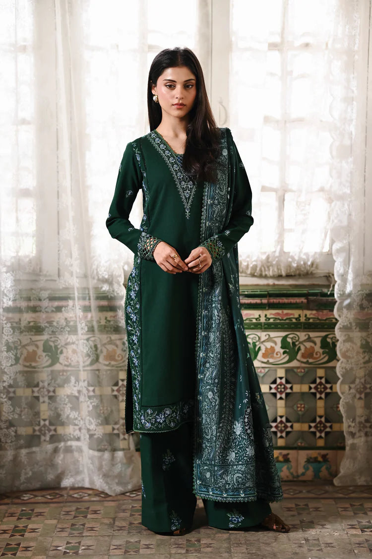 ZAIB-3PC KARANDI EMBROIDERED SHIRT WITH CORTRAI WOOL PRINT SHAWL AND TROUSER-GM-4397