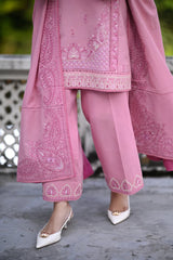 ZAIB-3PC DHANAK EMBROIDERED SHIRT WITH DHANAK EMBROIDERED SHAWL AND TROUSER-GM-4399