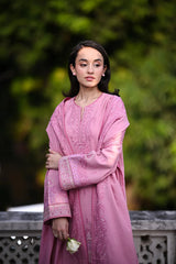 ZAIB-3PC DHANAK EMBROIDERED SHIRT WITH DHANAK EMBROIDERED SHAWL AND TROUSER-GM-4399