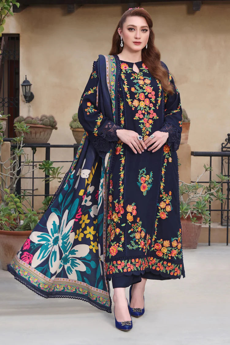 ASIM JOFA-3PC DHANAK EMBROIDERED SHIRT WITH COURTRAI PRINTED SHAWL & TROUSER-GM-4316