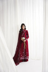 GARNET-3PC DHANAK EMBROIDERED SHIRT WITH DHANAK EMBROIDERED SHAWL & TROUSER-GM-4312