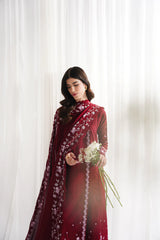 GARNET-3PC DHANAK EMBROIDERED SHIRT WITH DHANAK EMBROIDERED SHAWL & TROUSER-GM-4312