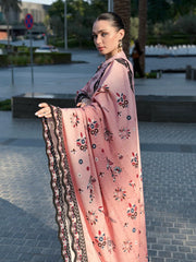 GM-3PC KARANDI PRINTED EMBROIDERED SHIRT WITH KARANDI PRINTED EMB SHAWL & PRINTED TROUSER-GM-