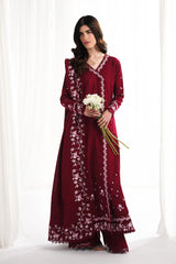 GARNET-3PC DHANAK EMBROIDERED SHIRT WITH DHANAK EMBROIDERED SHAWL & TROUSER-GM-4312