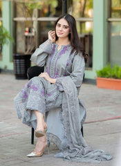 LIBAAS-3PC DHANAK EMBROIDERED SHIRT WITH DHANAK EMBROIDERED SHAWL AND TROUSER-ADR-4069