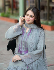 LIBAAS-3PC DHANAK EMBROIDERED SHIRT WITH DHANAK EMBROIDERED SHAWL AND TROUSER-ADR-4069
