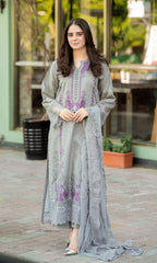 LIBAAS-3PC DHANAK EMBROIDERED SHIRT WITH DHANAK EMBROIDERED SHAWL AND TROUSER-ADR-4069