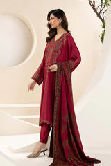 MARIA B-3PC KHADDAR EMBROIDRED SHIRT WITH WOOL PRINT SHAWL AND TROUSER-GM-3268 B