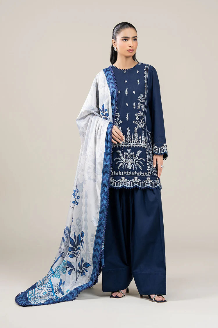 MARIA B-3PC DHANAK EMBROIDERED SHIRT WITH COUTRAI WOOL PRINTED SHAWL AND TROUSER-GM-4176