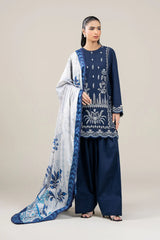MARIA B-3PC DHANAK EMBROIDERED SHIRT WITH COUTRAI WOOL PRINTED SHAWL AND TROUSER-GM-4176