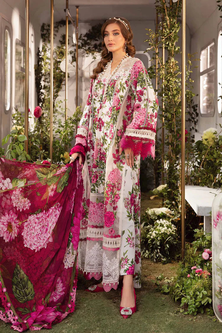 MARIA.B-3PC LAWN PRINTED EMB SHIRT WITH CHIFFON PRINT DUPATTA AND PRINT TROUSER-GM-2529