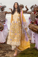 MUSHQ-3PC DHANAK CHIKAN EMBROIDERED SHIRT WITH COURTRAI PRINTED SHAWL & EMB TROUSER-GM-4088