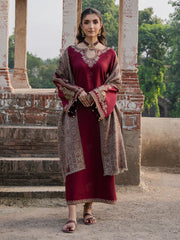 IZEL-3PC DHANAK EMBROIDERED SHIRT WITH COURTRAI PRINTED SHAWL & TROUSER-GM-4363