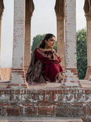 IZEL-3PC DHANAK EMBROIDERED SHIRT WITH COURTRAI PRINTED SHAWL & TROUSER-GM-4363