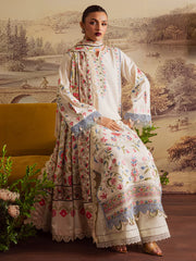 MAHNUR-3PC KARANDI EMBROIDERED SHIRT WITH COURTRAI PRINTED SHAWL & TROUSER-GM-4329