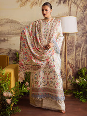 MAHNUR-3PC KARANDI EMBROIDERED SHIRT WITH COURTRAI PRINTED SHAWL & TROUSER-GM-4329