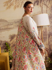 MAHNUR-3PC KARANDI EMBROIDERED SHIRT WITH COURTRAI PRINTED SHAWL & TROUSER-GM-4329