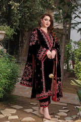 ASIM JOFA-3PC DHANAK EMBROIDERED SHIRT WITH DHANAK EMBROIDERED SHAWL & TROUSER-GM-4304 BLACK