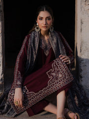 IZEL-3PC DHANAK EMBROIDERED SHIRT WITH COURTRAI PRINTED SHAWL & TROUSER-GM-4364