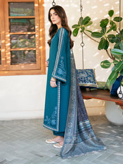 IZEL-3PC DHANAK EMBROIDERED SHIRT WITH COURTRAI PRINTED SHAWL & TROUSER-GM-4387