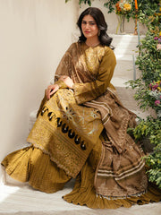 MAHNUR-3PC LAWN LASEWORK EMB SHIRT WITH CHIFFON PRINTED DUPATTA AND TROUSER -GM-4706