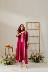 VINTAGE-3PC DHANAK EMBROIDERED SHIRT WITH DHANAK SHAWL AND TROUSER-GM-4290