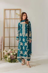 VINTAGE-3PC DHANAK EMBROIDERED SHIRT WITH BAMBER CHIFFON DUPATTA AND TROUSER-GM-4245