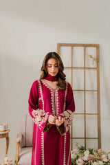 VINTAGE-3PC DHANAK EMBROIDERED SHIRT WITH DHANAK SHAWL AND TROUSER-GM-4290