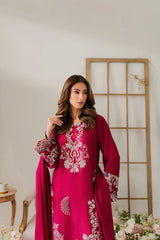 VINTAGE-3PC DHANAK EMBROIDERED SHIRT WITH DHANAK SHAWL AND TROUSER-GM-4296