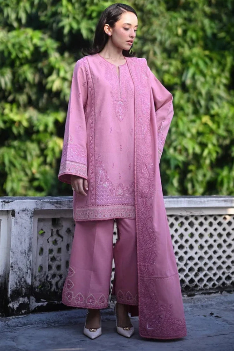 ZAIB-3PC DHANAK EMBROIDERED SHIRT WITH DHANAK EMBROIDERED SHAWL AND TROUSER-GM-4399
