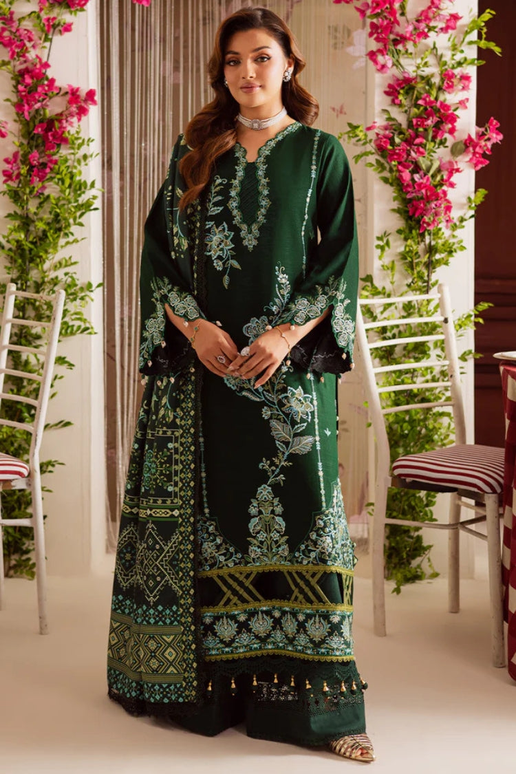 MAHNUR-3PC DHANAK EMBROIDERED SHIRT WITH COURTRAI PRINTED SHAWL & TROUSER-GM-4327