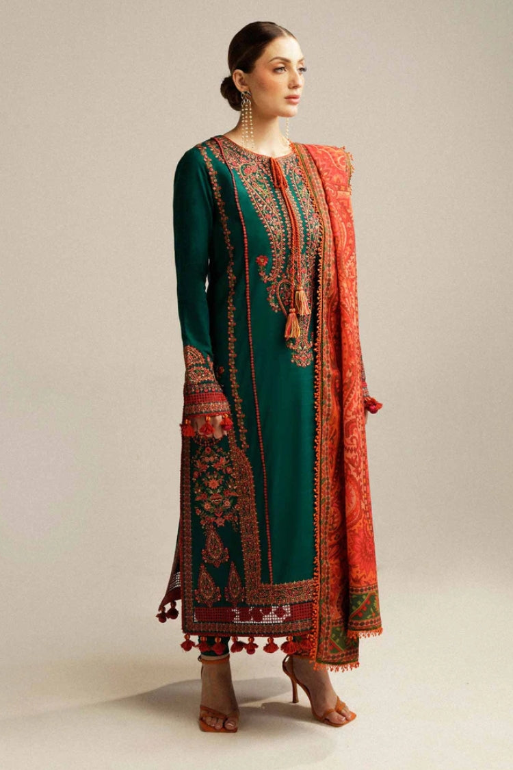HUSSAIN REHAR-3PC DHANAK EMBROIDERED SHIRT WITH COURTRAI PRINTED SHAWL AND TROUSER-GM-4343