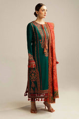 HUSSAIN REHAR-3PC DHANAK EMBROIDERED SHIRT WITH COURTRAI PRINTED SHAWL AND TROUSER-GM-4343