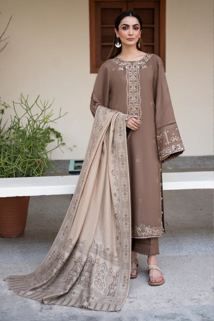 IZEL-3PC DHANAK EMBROIDERED SHIRT WITH COURTRAI PRINTED SHAWL & TROUSER-GM-4388
