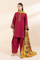 SAPPHIRE-3PC KHADDAR EMBROIDERED SHIRT WITH COURTRAI PRINTED SHAWL AND TROUSER-GM-3373