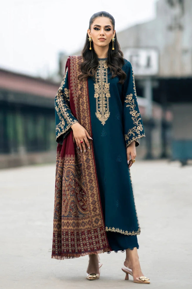 IZEL-3PC DHANAK EMBROIDERED SHIRT WITH COURTRAI PRINTED SHAWL & TROUSER-GM-4226