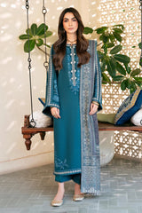 IZEL-3PC DHANAK EMBROIDERED SHIRT WITH COURTRAI PRINTED SHAWL & TROUSER-GM-4387