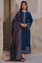 IZEL-3PC DHANAK EMBROIDERED SHIRT WITH COURTRAI PRINTED SHAWL & TROUSER-GM-4350