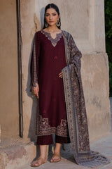 IZEL-3PC DHANAK EMBROIDERED SHIRT WITH COURTRAI PRINTED SHAWL & TROUSER-GM-4364