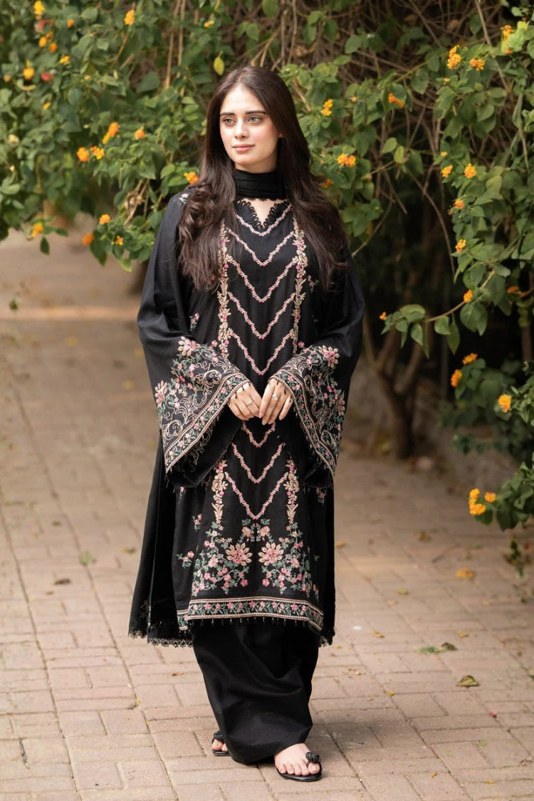 LIBAAS-3PC DHANAK EMBROIDERED SHIRT WITH DHANAK EMBROIDERED SHAWL & TROUSER-GM-4346