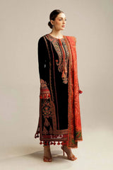 HUSSAIN REHAR-3PC DHANAK EMBROIDERED SHIRT WITH COURTRAI PRINTED SHAWL AND TROUSER-GM-4343 BLACK