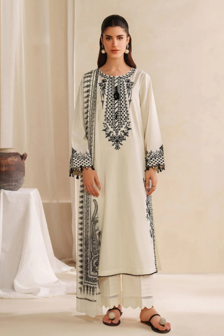 GARNET-3PC KHADDAR EMBROIDERED SHIRT WITH COURTRAI PRINTED SHAWL AND TROUSER-GM-4307