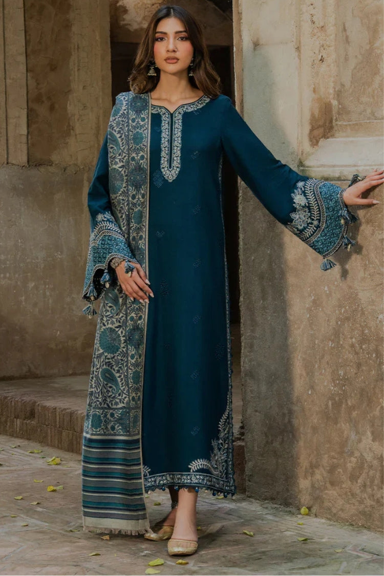 IZEL-3PC KHADDAR EMBROIDERED SHIRT WITH COURTRAI PRINTED SHAWL & TROUSER-GM-4369