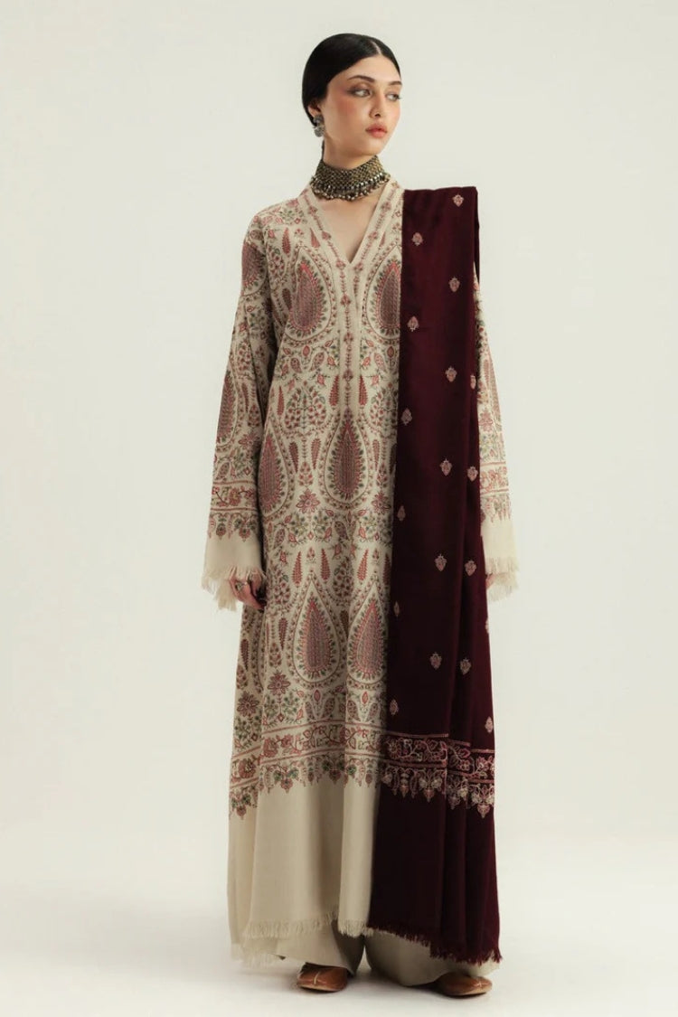 ZARA SHAHJAHAN-3PC KHADDAR EMBROIDERED SHIRT WITH DHANAK EMBROIDERED SHAWL AND TROUSER-GM-4396