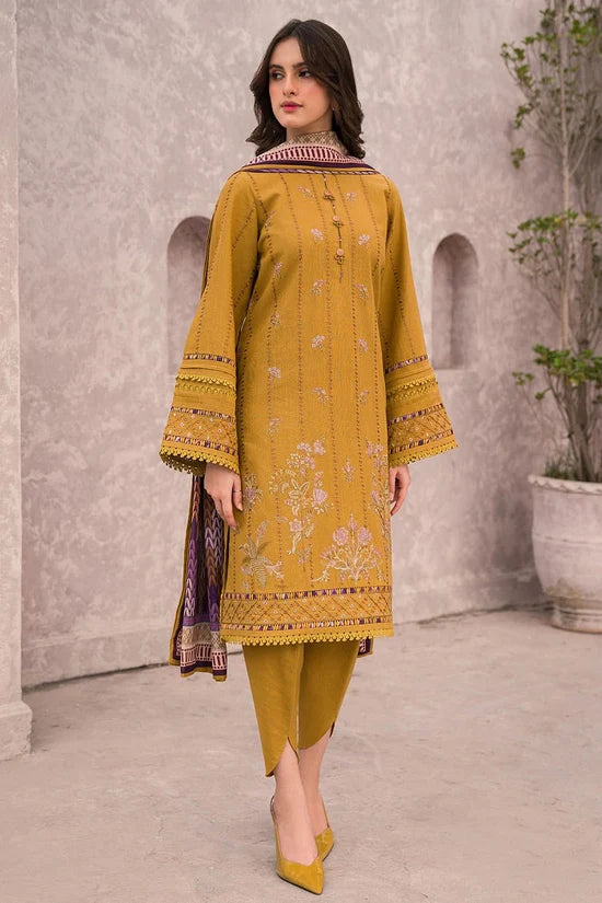 JAZMIN-3PC DHANAK EMBROIDERED SHIRT WITH COUTRAI WOOL PRINTED SHAWL & TROUSER-GM-4028