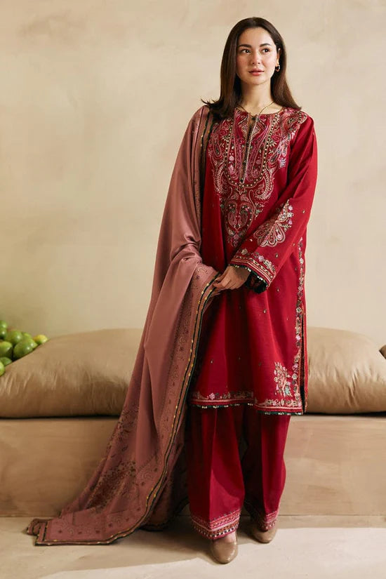 ZARA SHAH JAHAN-3PC DHANAK EMBROIDERED SHIRT WITH COURTRAI WOOL PRINTED SHAWL AND EMB TROUSER-GM-4042