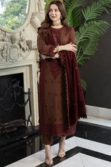 ASIM JOFA- 3PC DHANAK EMBROIDERED SHIRT WITH DHANAK EMBROIDERED SHAWL AND TROUSER-GM-4056